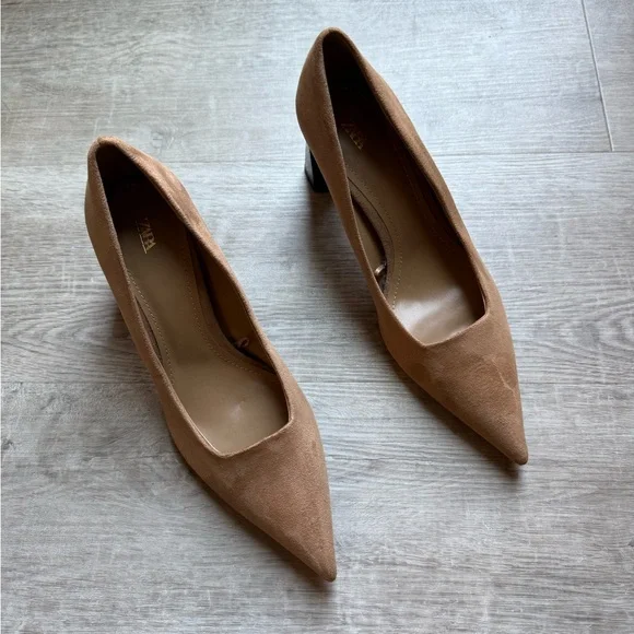 Zara Pointed Toe Faux Suede Tortoise Block Heel Pumps Size 39 (8.5) - Picture 2 of 10